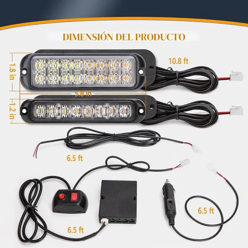 Vista 7 de Kit de luces estroboscópicas de emergencia LED ámbar y blanco, función de sincronización de 8 unidades ámbar blanco