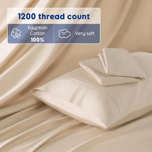 Vista 4 de SONORO KATE Sábanas 100% de algodón egipcio, 1200 hilos, juego de sábanas de algodón de hotel de lujo y enfriamiento de 4 piezas, tejido satinado