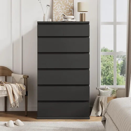 Vista 7 de Cómoda Alta Negra de 7 Cajones para Dormitorio, Cómodas y Arcones de Madera Modernos con Almacenamiento de Joyas, 23.6" L*15.8" A*47.5" Al en Cómoda