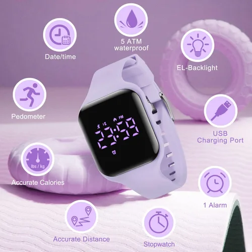 Vista 3 de Reloj deportivo digital para niñas y niños monitor de actividad física con reloj despertador cronómetro relojes impermeables sin aplicación