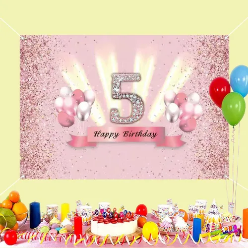 Vista 3 de Decoraciones de feliz cumpleaños 5 para niñas, pancarta de fondo para decoración de fiesta, póster de tela de aniversario, fondo de foto rosa