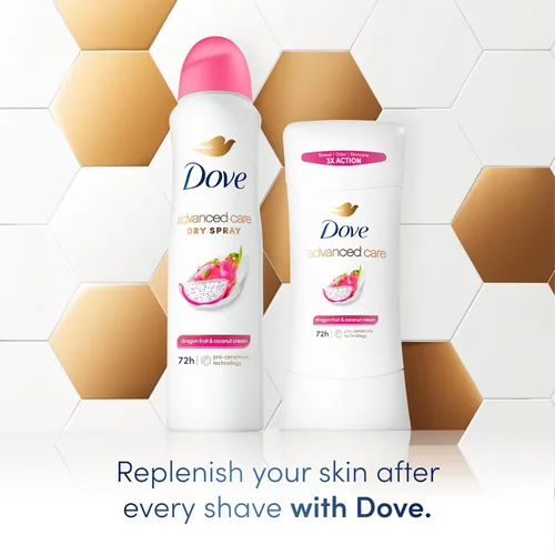 Vista 4 de Dove Advanced Care - Desodorante antitranspirante en aerosol para mujeres, paquete de 3 unidades de fruta del dragón y crema de coco, 72 horas