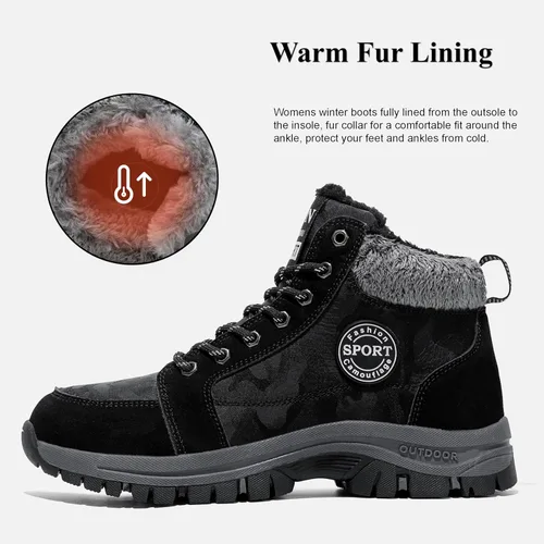 Vista 2 de Qiucdzi Botas de nieve de invierno para hombre, con forro de piel cálida, antideslizantes, para exteriores, zapatos de trekking antideslizantes
