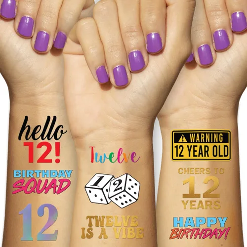 Vista 5 de Tatuajes temporales de cumpleaños número 12, 4 hojas, divertidos recuerdos de fiesta de cumpleaños para él o ella, suministros para fiestas