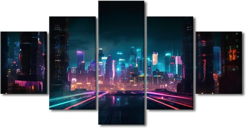 Vista 50 de Póster de 5 paneles en lienzo para decoración de pared, diseño de centro urbano Cyberpunk, impresión moderna, decoración de pared para el hogar
