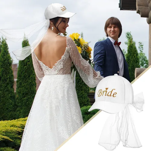 Vista 6 de Gorra de béisbol para mujer, con velo de encaje, ajustable, para boda, fiesta nupcial, gorra de cola de caballo bordada dorada, gorra de caballo