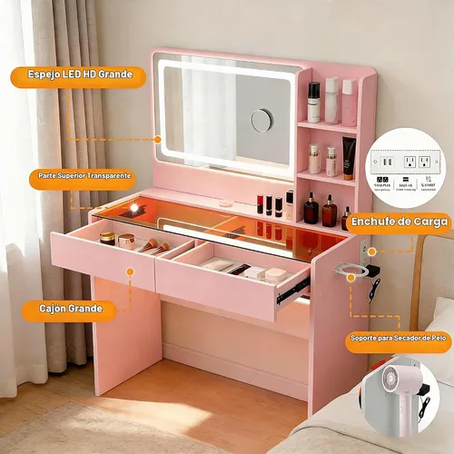 Vista 3 de Escritorio de tocador de maquillaje con espejo y luces, parte superior de Rosa