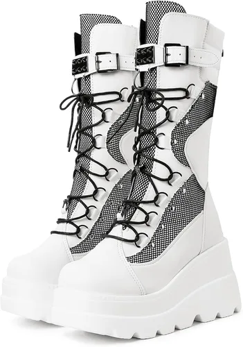 Vista 6 de mikarka Botas de combate de plataforma holográfica para mujer, a media pantorrilla, con cordones, tacón de cuña, con estoperoles, botas góticas