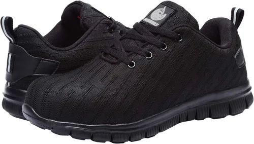 Vista 7 de DYKHMILY Zapatos deportivos con punta de acero para hombres y mujeres, zapatos de trabajo ligeros, antideslizantes, zapatos de seguridad