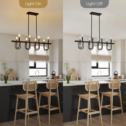 Vista 6 de Lámparas rectangulares para comedor sobre la mesa, candelabros modernos de estilo granja para comedor, candelabro lineal negro de 8 luces, luces