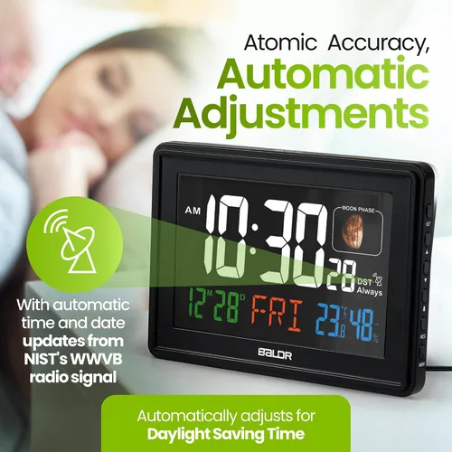 Vista 4 de BALDR Relojes Atómicos para Dormitorios Pantalla Digital Grande - Negro - Reloj de Escritorio con Temperatura Interior y Humedad, Reloj de Mesa