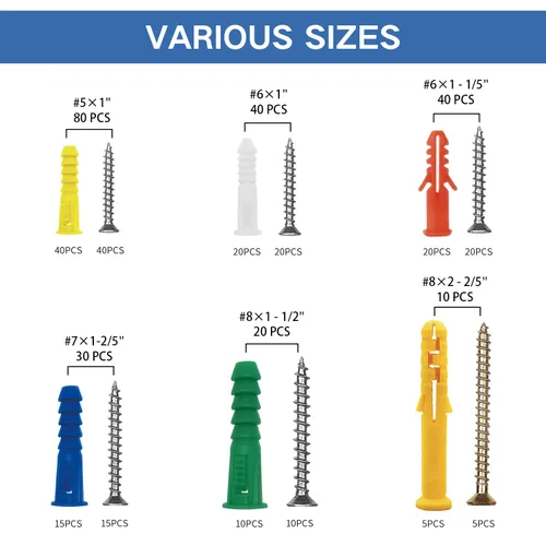 Vista 2 de Kit de anclajes y tornillos para paneles de yeso, 220 piezas, 110 anclajes de plástico, 110 tornillos de pared, incluye 6 anclajes de pared