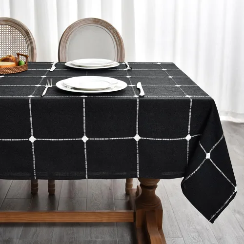 Vista 23 de Zobesta Mantel redondo blanco y negro de 53 pulgadas a cuadros Plaid Black
