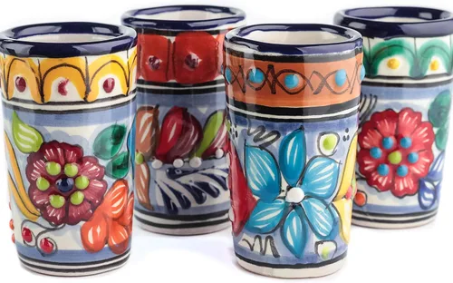 Vista 40 de Juego de 4 vasos de chupito Talavera auténticos mexicanos para tequila - Pintados a mano - 2 Oz (Corazón Azul)