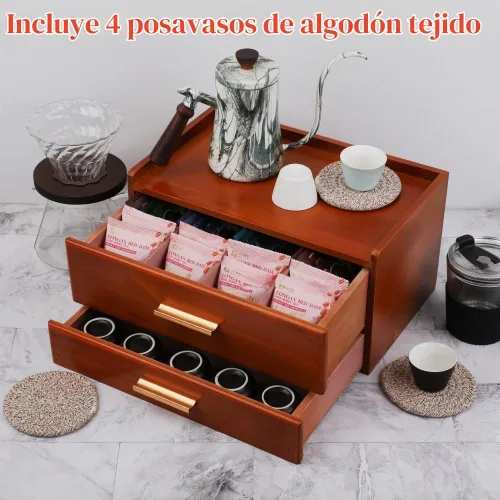 Vista 4 de Organizadores de té con cajón, caja de té de madera, color marrón marrón (02)