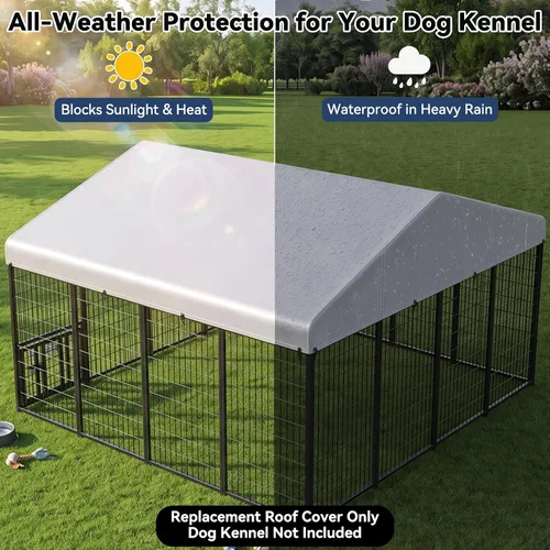 Vista 4 de ROOMTEC 10 x 10 FT Outdoor Dog Kennel Cover, Replacement Canopy Only Silver, 210D Coated Oxford, Waterproof, UV, 18 Secure Fasteners, Designed for