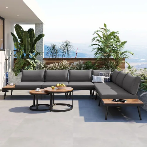 Vista 10 de RUNNA Moderno juego de muebles para exteriores, juego de sofá modular de 6 piezas con mesas de centro redondas anidables y sofá de asiento, juego