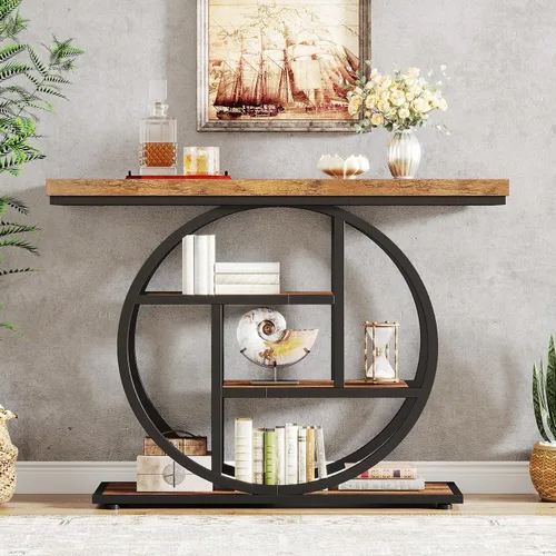 Vista 8 de Tribesigns Mesa de Consola de 41.3", Mesa Industrial de 4 Niveles para Sofá Mesa de Entrada con Base Circular, Mesas de Acento de Madera Estrechas