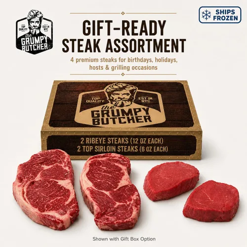 Vista 3 de Caja de regalo de 4 filetes Grumpy Butcher – 2 filetes de entrecot (12 oz) y 2 filetes de solomillo superior (6 oz) – Sampler de carne Angus