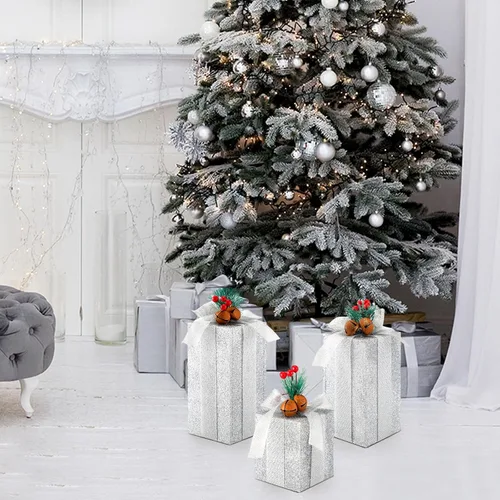 Vista 7 de Amyhill 3 piezas de madera rústica de Navidad, centros de mesa con purpurina plateada, bloques de imitación para mesa de bandeja escalonada