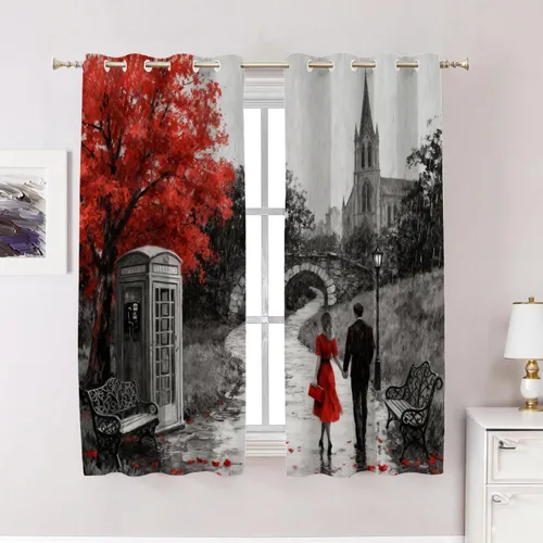 Vista 132 de Cortinas opacas de cocina con pintura al óleo de Europa rosa y negra para ventanas, cenefas opacas modernas de torre Eiffel de poliéster multicapa