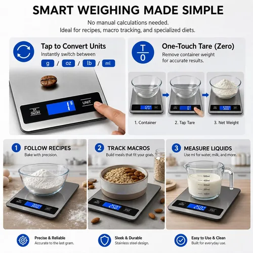 Vista 2 de Báscula de alimentos de cocina de 33 libras/33.1 lbs, báscula digital de alta precisión de 0.04 oz con temporizador y pantalla LCD retroiluminada