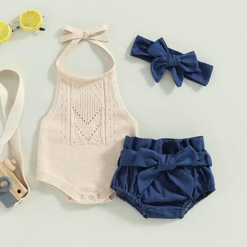 Vista 2 de Rtnnsbbfcm Ropa de verano para bebé recién nacida, sin mangas, cuello halter, mameluco floral con diadema de 3 piezas