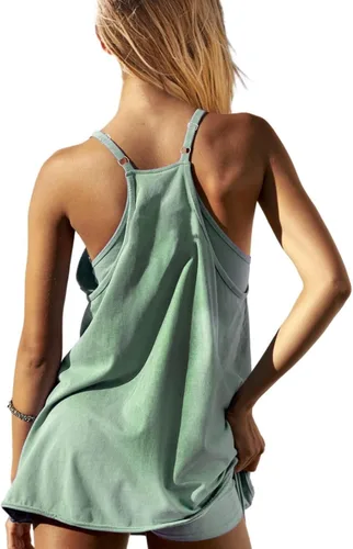 Vista 2 de UNIANKIYA Enterizo de entrenamiento para mujer con pantalones cortos debajo, sin mangas, tirantes delgados, trajes atléticos, trajes casuales