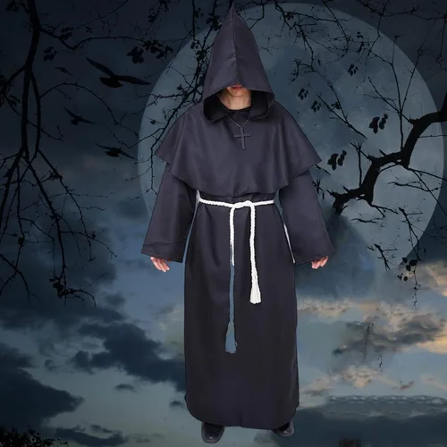 Vista 5 de Monk Robe Costume Renaissance Priest Medieval Costume Hooded Friar Cloak Cosplay Costume Cowl Robe Fancy Dress for Halloween