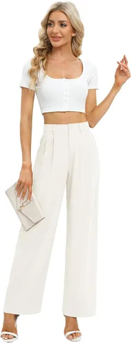 Vista 6 de Feiersi Pantalones de trabajo de negocios para mujer, de cintura alta, pantalones de pierna ancha, pantalones largos y rectos con bolsillo