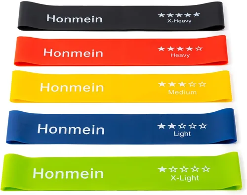 Vista 8 de Honmein Bandas de resistencia para entrenamiento, bandas de ejercicio con 5 niveles de resistencia para fitness en casa, entrenamiento de fuerza