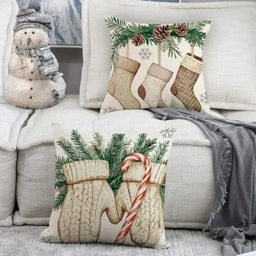 Vista 2 de Juego de 4 fundas de almohada decorativas para árbol de Navidad de invierno, 18 x 18 pulgadas, con medias de manoplas, regalos para porche