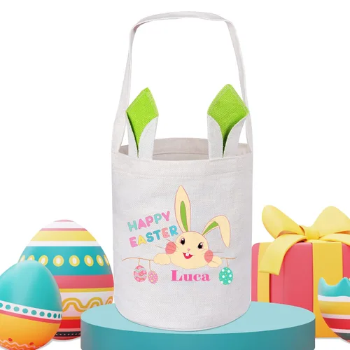 Vista 8 de Touber Cesta de Pascua, canastas de Pascua de algodón personalizadas para niñas y niños, rectangular, cestas de caza de huevos de Pascua con orejas