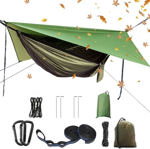 Vista 7 de Juego de hamaca de paracaídas portátil de nailon doble de alta resistencia, hamaca de campamento con lona para moscas de lluvia y mosquitera