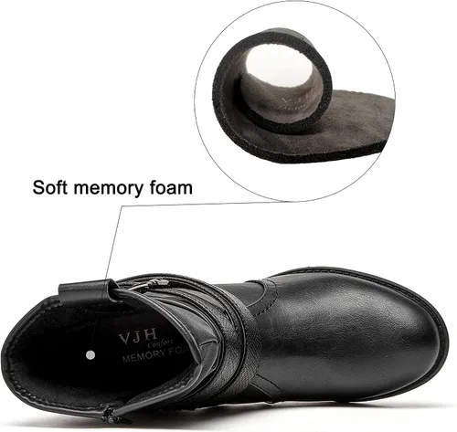 Vista 3 de VJH confort Botas de media pantorrilla para mujer, punta redonda, cómodas, de tacón bajo, con hebilla y cremallera lateral