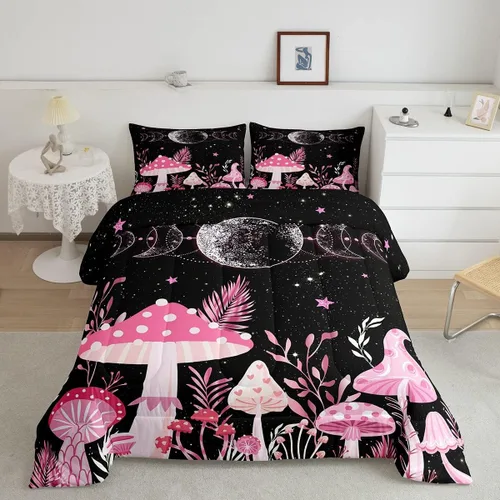 Vista 9 de Juego de edredón de champiñones para niños, tamaño individual, juego de ropa de cama romántica con sol, luna, cielo estrellado y galaxia, decoración
