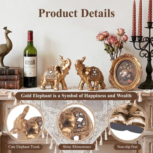 Vista 2 de Estatua de elefante, figura de elefante de la suerte de Feng Shui, escultura elegante dorada, decoración del hogar de resina pequeña, figura