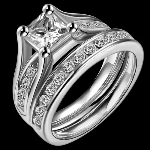 Vista 2 de Anillo de acero inoxidable de corte princesa, anillo de boda, compromiso, aniversario, propuesta, eternidad, halo