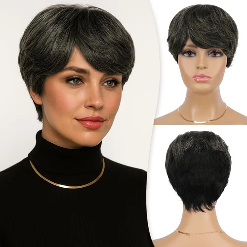 Vista 13 de RUWISS Peluca de cabello humano con corte Pixie, peluca de cabello humano con flequillo, peluca negra corta natural en capas, ondulada