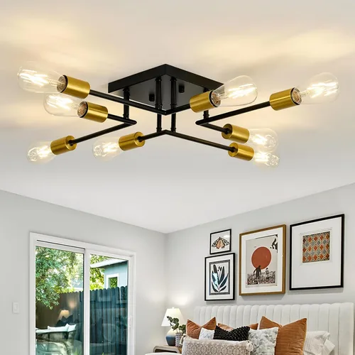 Vista 10 de Accesorio de Lámpara de Techo Industrial Semiempotrada de 4 Luces, Candelabro Sputnik Moderno de Metal Negro con Base de Bombilla E26, Luz Pegada al