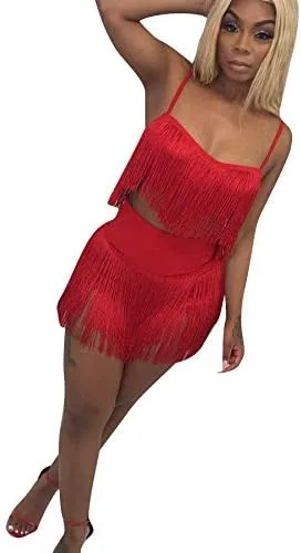 Vista 3 de Traje de mujer sexy de 2 piezas, sin mangas, con borlas de plumas en la blusa, minivestido entallado para el cuerpo, ropa para ir al club.