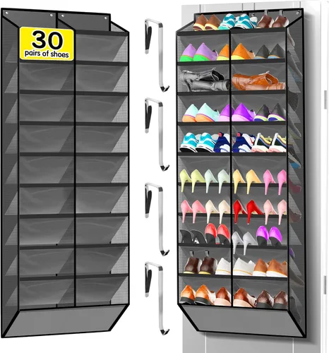 Vista 7 de Kotkn Organizador de zapatos de 10 niveles sobre la puerta, 20 bolsillos con capacidad para 20 a 30 pares, tela Oxford resistente con malla