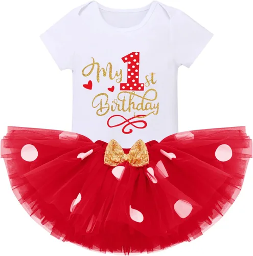 Vista 5 de IBTOM CASTLE Vestido de 1er cumpleaños para niñas con diseño de pastel y falda tutú de lunares, sandalias descalzas para fotografía