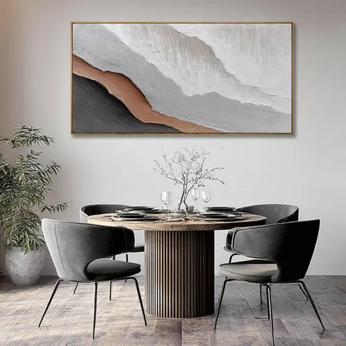 Vista 3 de Arte de pared blanco texturizado, arte abstracto gris, imágenes modernas enmarcadas grandes, pintura al óleo de paisaje ondulado, 24 x 48 pulgadas