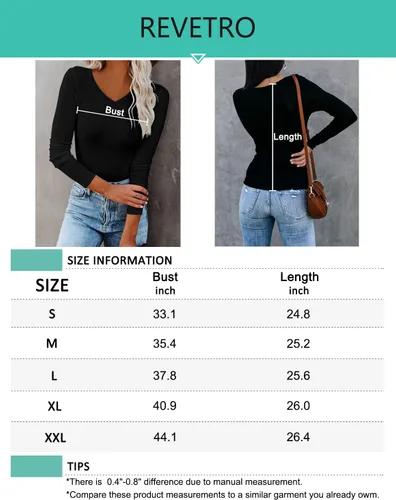 Vista 6 de REVETRO Camiseta sexy de manga larga con cuello en V para mujer, ajustada, básica, para invierno
