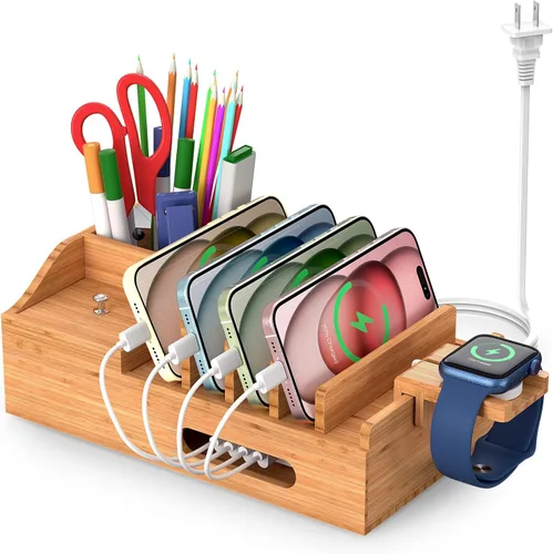 Vista 10 de Estación de carga de bambú Pezin & Hulin para múltiples dispositivos incluye cargador USB de 5 puertos, 5 cables, organizador de escritorio