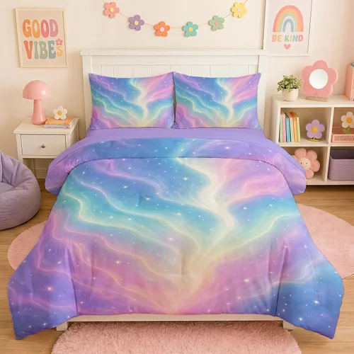 Vista 21 de Juego de ropa de cama arcoíris tamaño individual, edredón reversible de 5 piezas para niñas con sábana de bolsillo profundo, diseño degradado