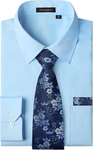 Vista 39 de HISDERN Mens Dress Shirt with Tie Pocket Square Set Classic Button Down Shirt Matching Tie Long Sleeve Shirts 08-verde