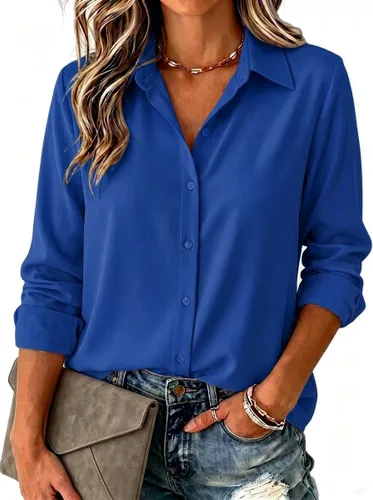 Vista 12 de Zeagoo Blusa para mujer, de manga larga, con botones, casual, ligera, lisa/estampada