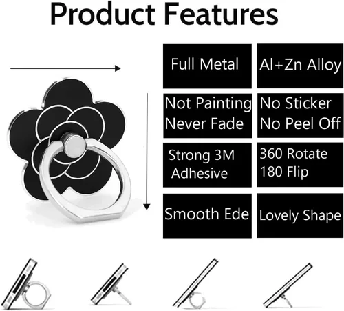 Vista 2 de Fwaytech - Soporte de anillo para teléfono celular, diseño de flor, rotación 360, soporte de metal para teléfonos inteligentes, paquete de 4 (flor 4)